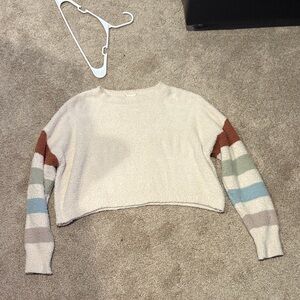 Altar'd State Cozy Cream Sweater with Colorful Sleeves